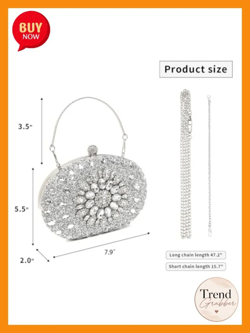 Sparkly Rhinestone Clutch Evening Bag with Detachable Chain, Wedding Purse